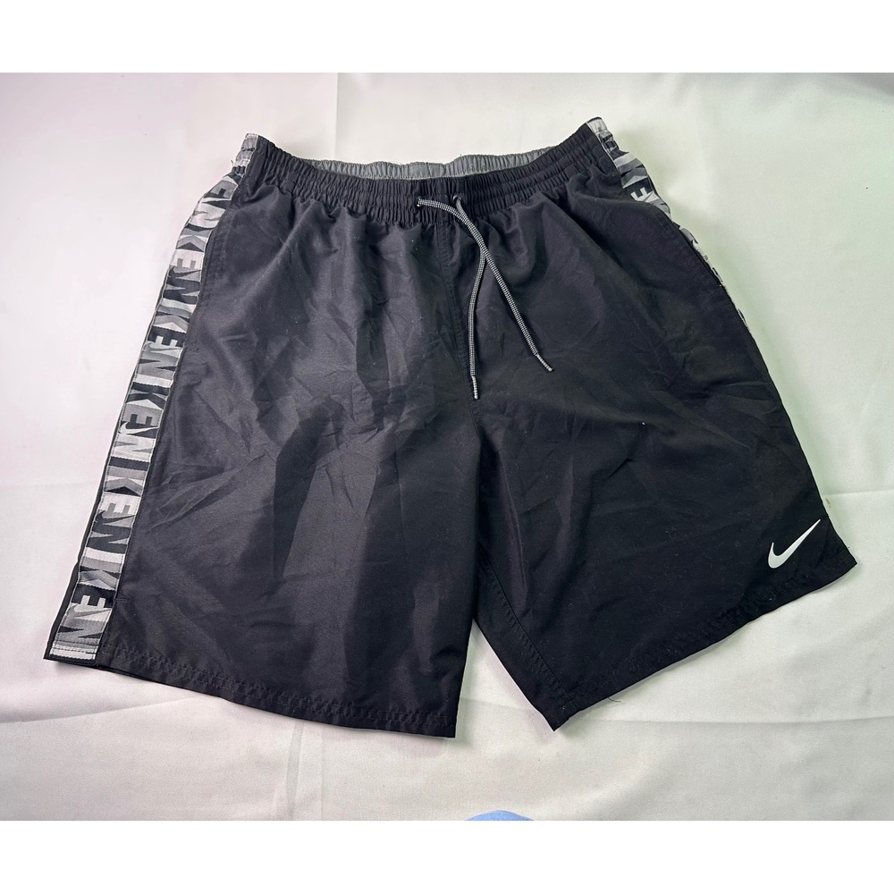 Nike Swim Logo Tape Volley Shorts Black Striped Mesh Lined Drawstring Mens Large